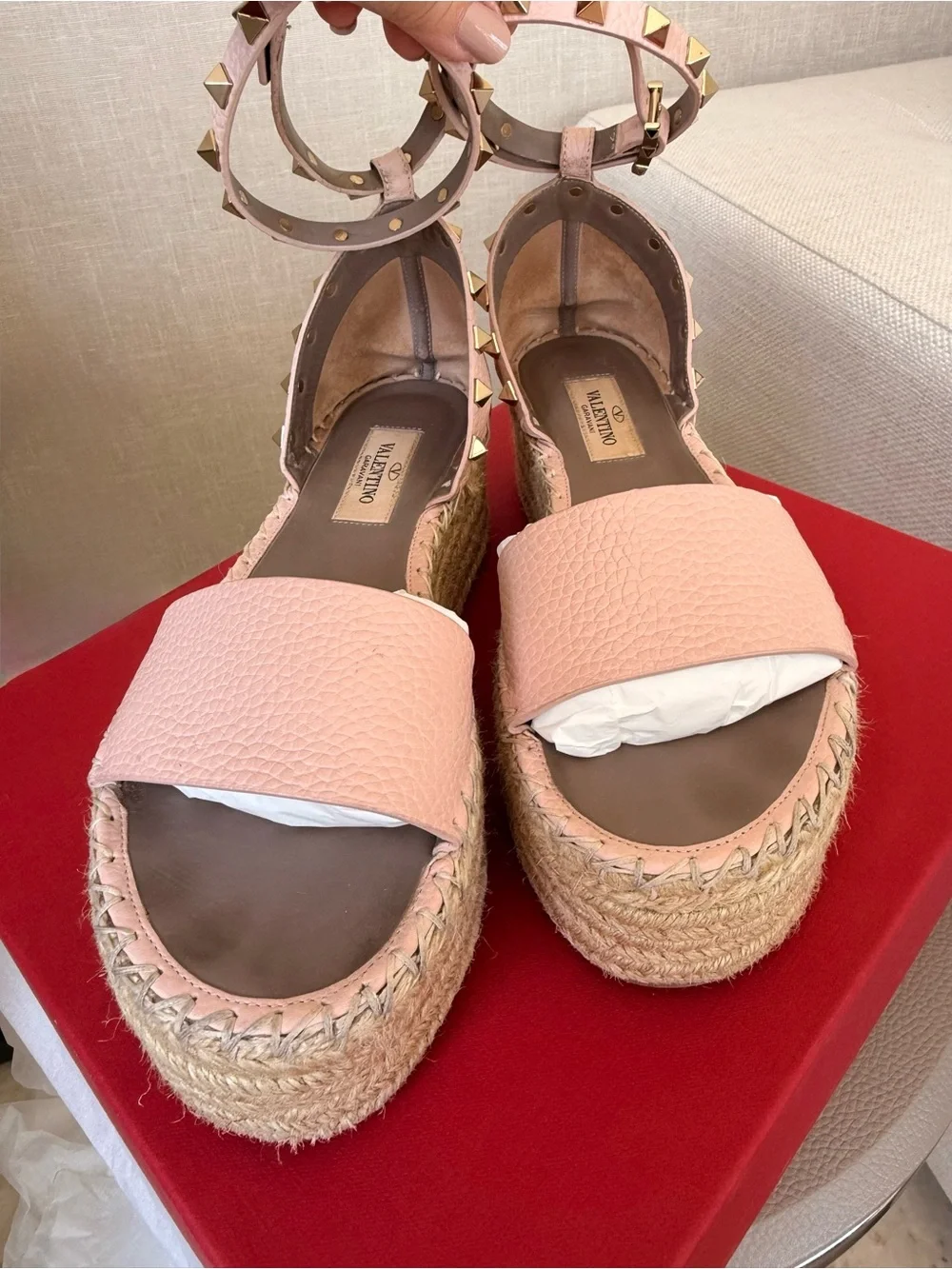 Valentino Garavani Blush Pink Studded Espadrille Platform Sandal